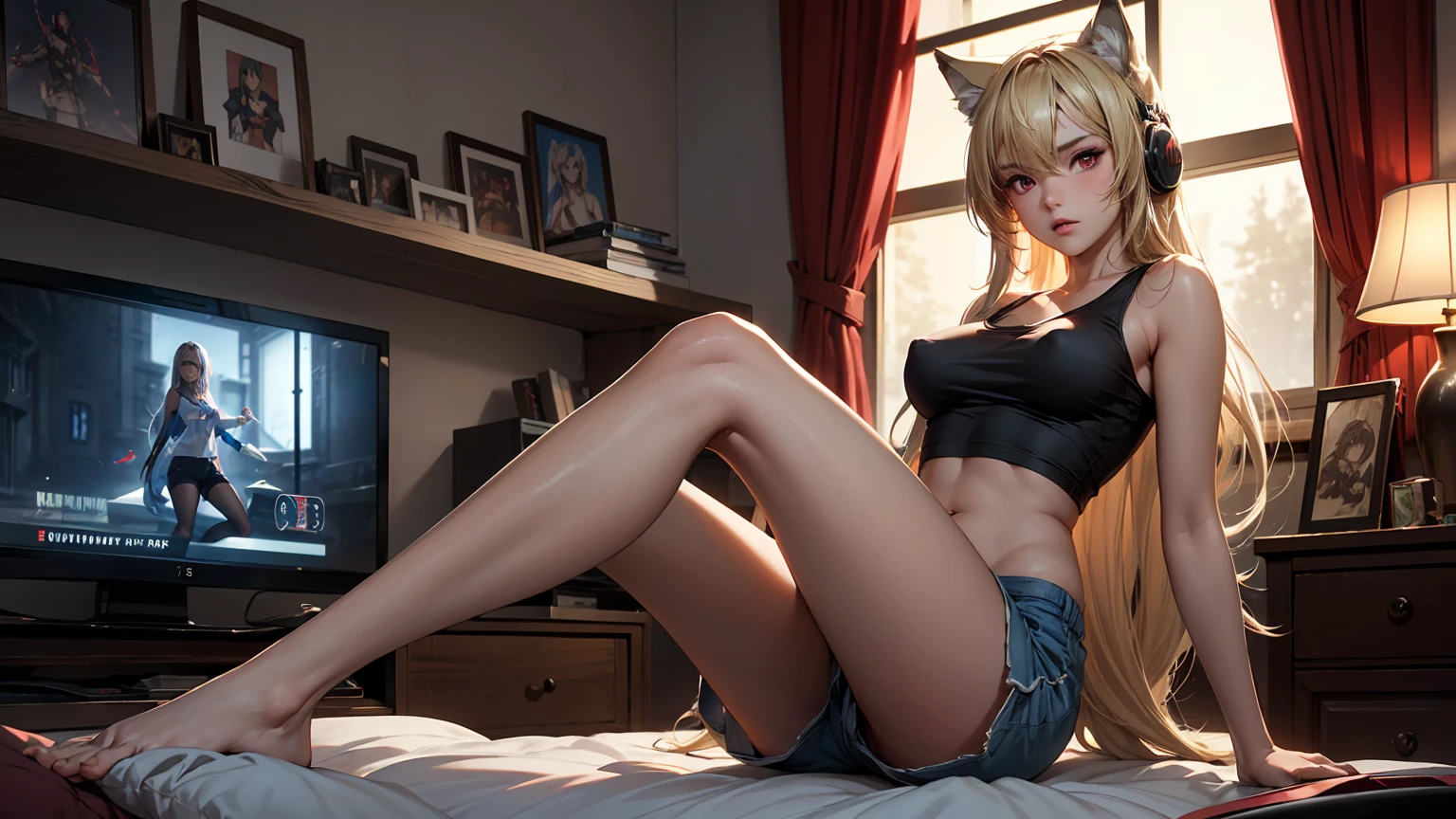 Create a high-quality image of a stunning 18-year-old wolf girl with tan skin. She has long blonde hair and captivating red eyes, wearing a see-through blue tank top that shows her midriff barely covers her nipples and tight sleep shorts. She is sitting on the edge of her bed in a dimly lit, gaming bedroom with the window open, letting in a gentle night breeze. Her posture is alluring, with one leg bent up and the other stretched out, facing the camera seductively. The room is decorated with modern nerdy items, showcasing her love for video games and anime, including a high-end gaming PC, sleek gaming desk, ergonomic gaming chair, and the latest gaming console, as well as stylish anime posters and figurines. The overall ambiance is cozy and intimate, with intricate details enhancing the high-quality visual artistry.