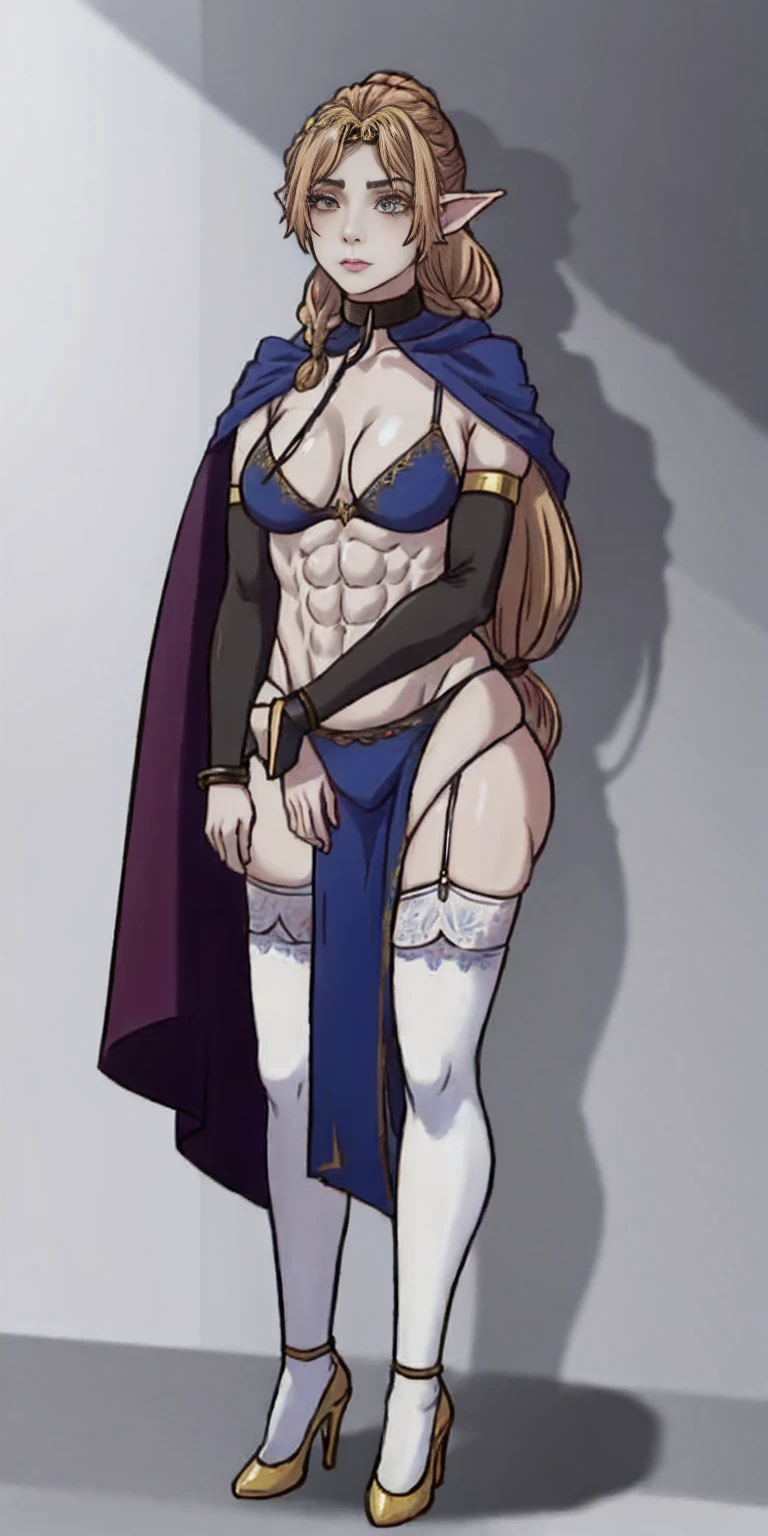 extremely long hair, ponytail, perfect anatomy 1 girl tall solo, slim thick ((muscular)) high elf full body toe to head toned body, silver breast plate, blue cape, slendered abs, hourglass waist, detailed face, defined cheekbones, puffy lips, gauntlets, gold crown, shadow over eyes, looking at viewer, masterpiece, white thigh highs lingerie, high heels, slave metal collar choker neck bell shackles wristbands bracers bracelets sleeves (plain background)