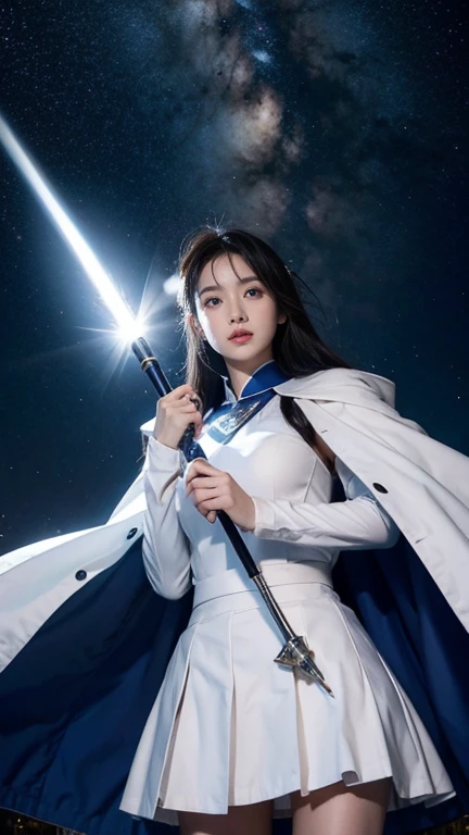 White combat uniform、skirt、Goddess of War、Staff、High resolution、Unknown powers、thunder、Wind、inflammation、muscle、Planetary alignment、Starry Sky、Blue light、Laser beam、God&#39;s Weapon、Diffuse reflection of light、Cyber Valkyrie