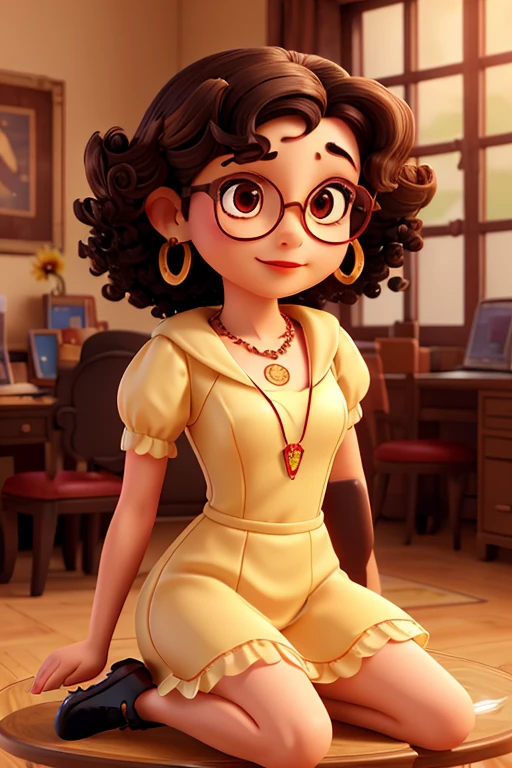 A beautiful character with small round transparent glasses, well made-up with red lipstick, brown eyes, short curly black hair, earrings, a necklace, a light yellow lace outfit, high heels, sitting on a flowery chair in a beautiful place, the same with a computer in her hands