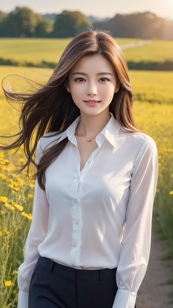 highest quality、genuine、Super detailed、finely、High resolution、8k wallpaper、one beautiful woman、、、light brown disheveled hair、wearing a business suit、sharp focus、perfect dynamic composition、beautiful and detailed eyes、thin hair、Detailed genuine skin texture、smile、model body shape、In a windswept meadow