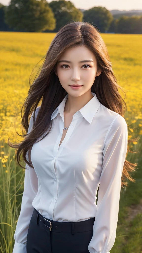 highest quality、genuine、Super detailed、finely、High resolution、8k wallpaper、one beautiful woman、、、light brown disheveled hair、wearing a business suit、sharp focus、perfect dynamic composition、beautiful and detailed eyes、thin hair、Detailed genuine skin texture、smile、model body shape、In a windswept meadow