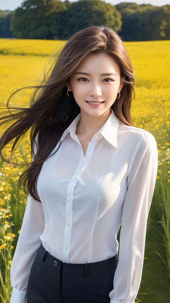 highest quality、genuine、Super detailed、finely、High resolution、8k wallpaper、one beautiful woman、、、light brown disheveled hair、wearing a business suit、sharp focus、perfect dynamic composition、beautiful and detailed eyes、thin hair、Detailed genuine skin texture、smile、model body shape、In a windswept meadow