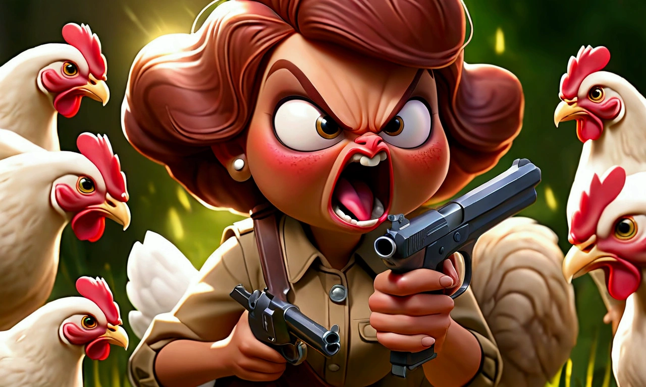 an angry hen with a pistol in her hand and she is coming to the camera, the environment is a farm, enemies are surrounded the hen and donkey and ping, enemies are hens and cats.