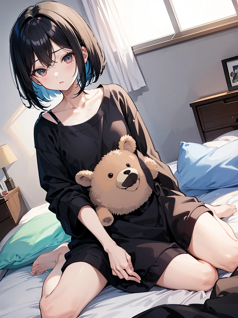One , Open your mouth, Black Hair, Bob Hair, bangs, Sleepy, Character design drawings, anime, Ghibli-style colors, Gentle colors, Simple room、curtain、Sitting on the bed、Teddy bear、morning、Waking up、In pajamas、5 、