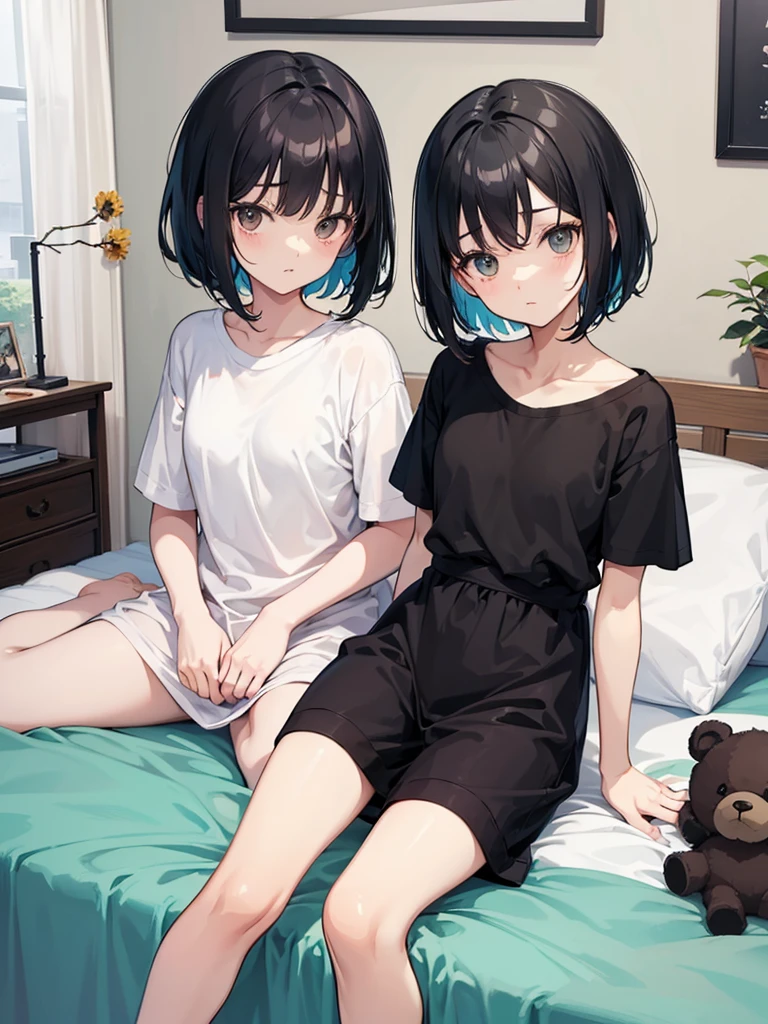 One , Open your mouth, Black Hair, Bob Hair, bangs, Sleepy, Character design drawings, anime, Ghibli-style colors, Gentle colors, Simple room、curtain、Sitting on the bed、Teddy bear、morning、Waking up、In pajamas、、