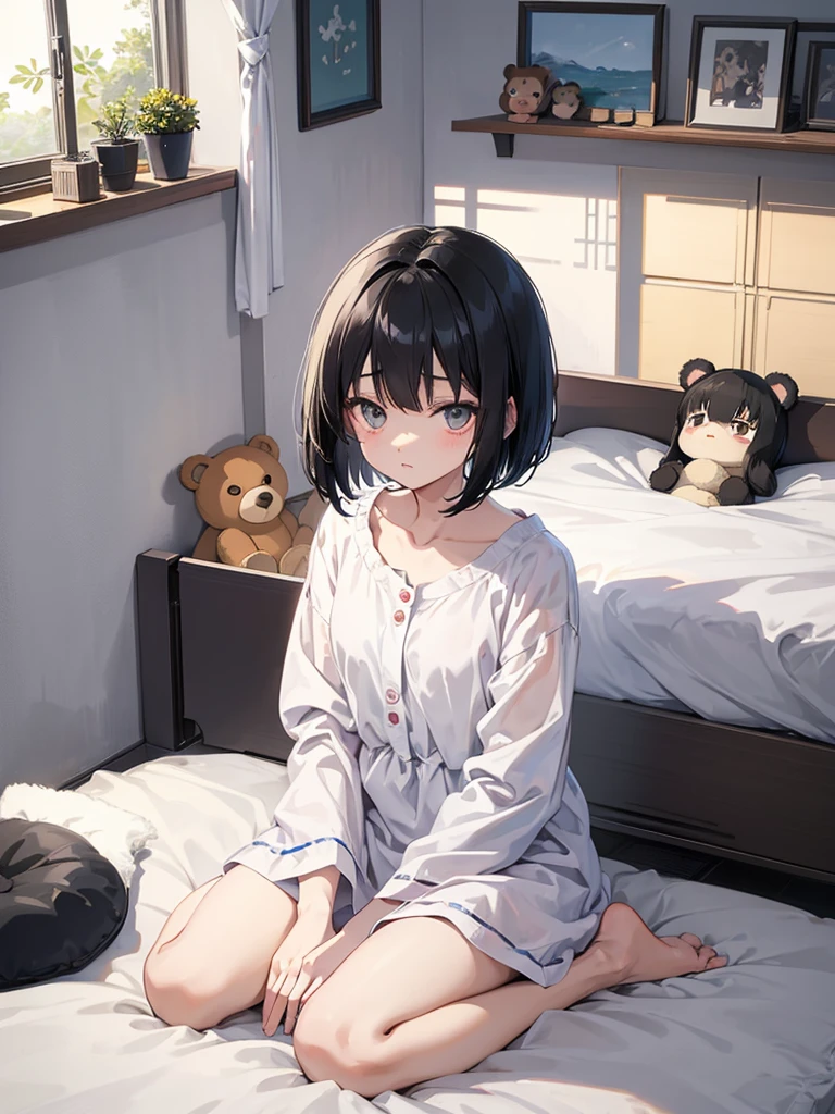 One , Open your mouth, Black Hair, Bob Hair, bangs, Sleepy, Character design drawings, anime, Ghibli-style colors, Gentle colors, Simple room、curtain、Sitting on the bed、Teddy bear、morning、Waking up、In pajamas、5 years old、