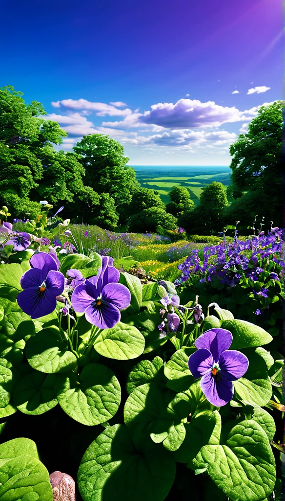 summer Blue sky,photorealistic,highly realistic,extreme details,breathtakingly realistic,high contrast realism,high saturation realism,vibrant colors,dramatic lighting,captivating landscape,compelling storytelling,atmospheric scene,mesmerizing visuals,intricate details,strong emotions,celestial beauty, violets, seven-colored garden