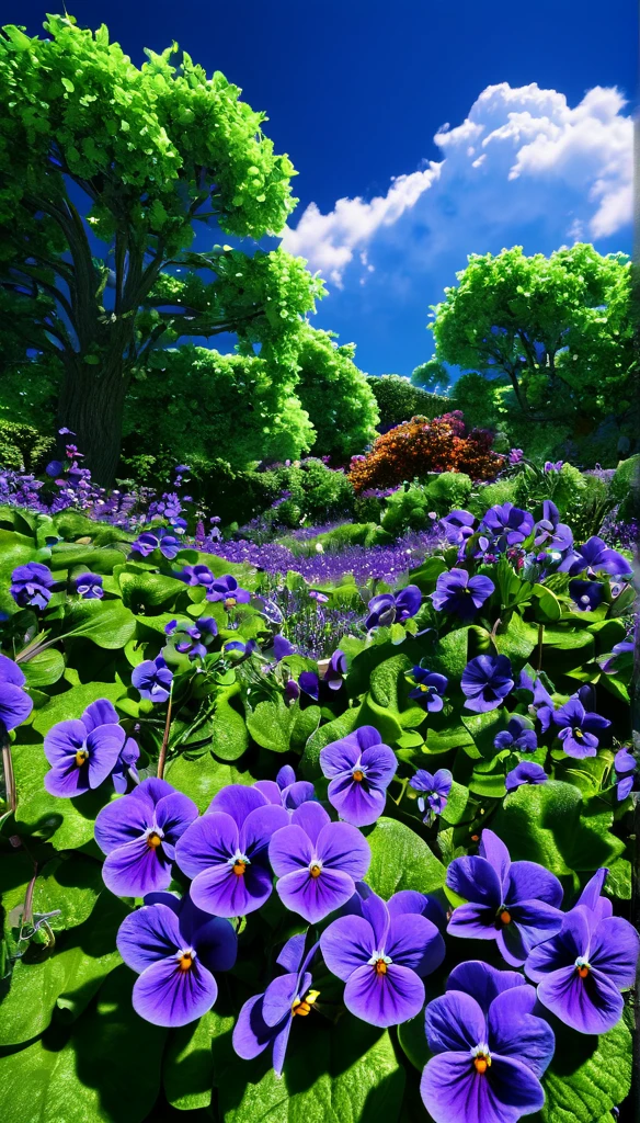 summer Blue sky,photorealistic,highly realistic,extreme details,breathtakingly realistic,high contrast realism,high saturation realism,vibrant colors,dramatic lighting,captivating landscape,compelling storytelling,atmospheric scene,mesmerizing visuals,intricate details,strong emotions,celestial beauty, violets, seven-colored garden