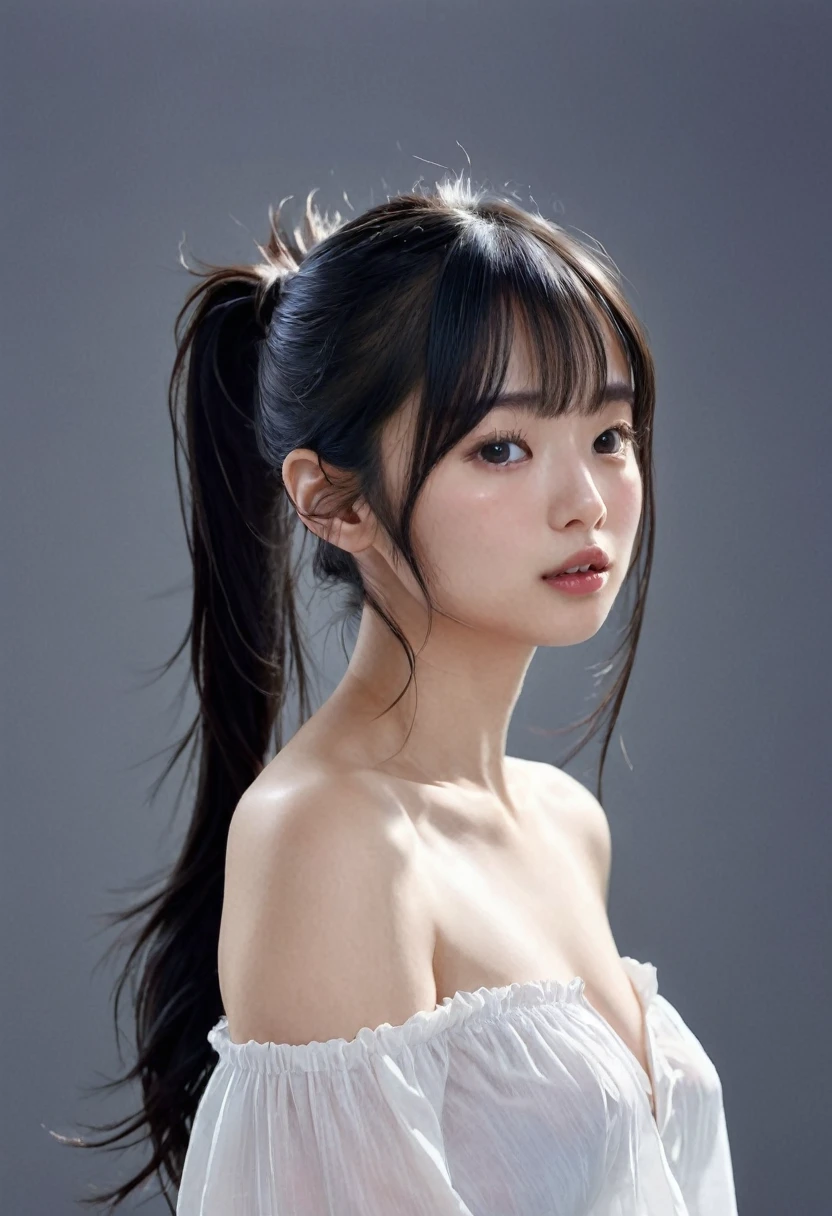(masterpiece), (Highest quality), (Super detailed),(Disheveled Hair),(figure), (One girl), (NUDE), Are standing, View your viewers, (interview), (Simple Background),Beautiful attention to detail, Delicate and beautiful face, 、((No makeup))、floating,(High saturation),), Focus on the face, Light-colored lips、(Mouth closed)、Soft Breasts、Short low ponytail, Black Hair, bangs, Hair Ring, Floating hair, (The Shining), Best lighting, Best Shadow,