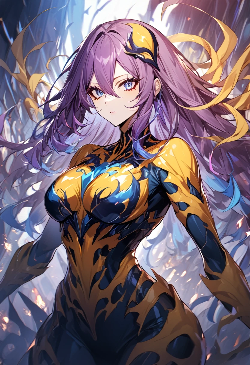 1 girl, yellow symbiote with red details, beautiful girl, large breasted, blue colored eyes, purple hair with blue details, forst