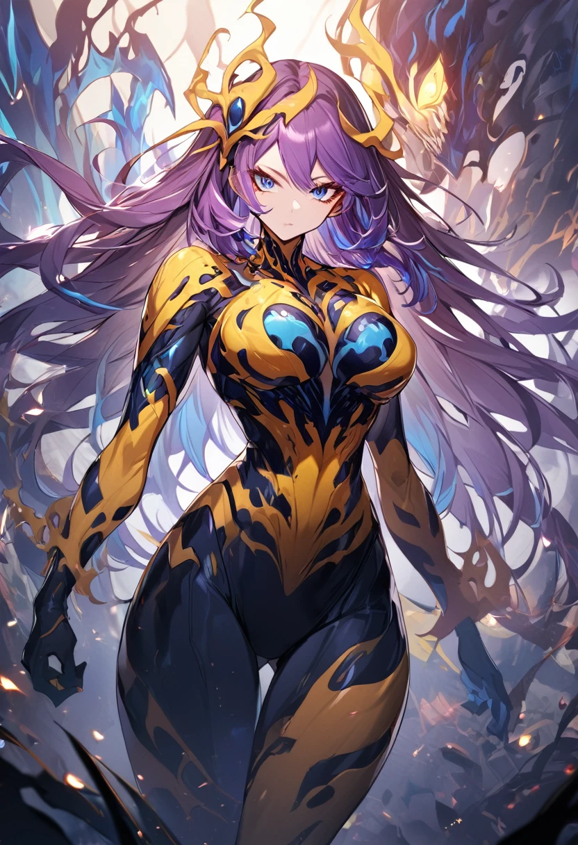 1 girl, yellow symbiote with red details, beautiful girl, large breasted, blue colored eyes, purple hair with blue details, forst