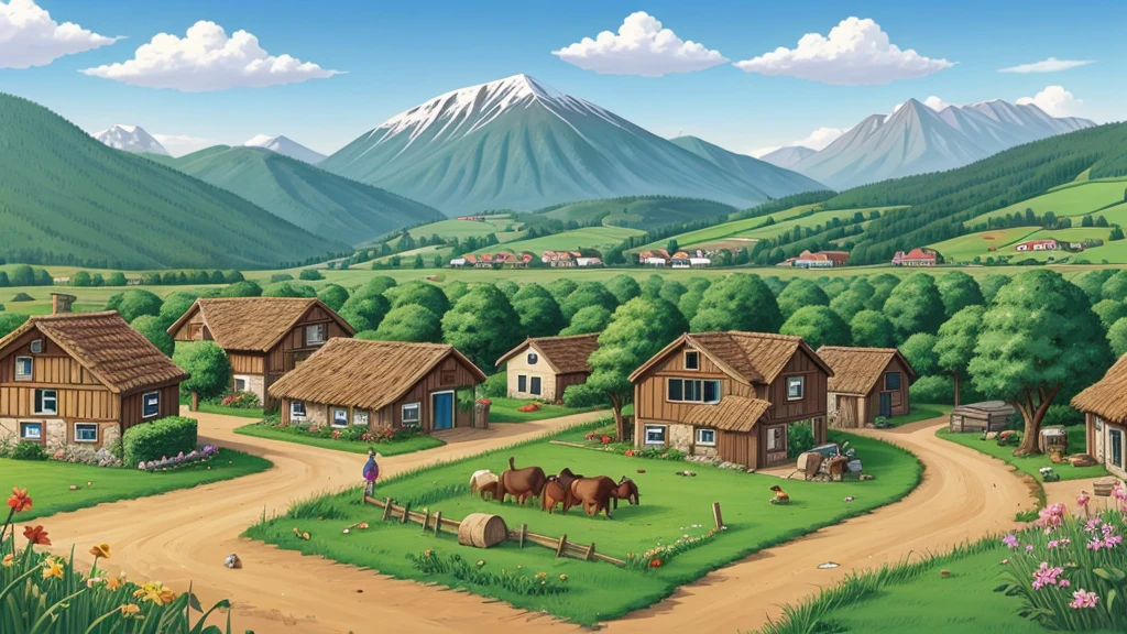 Village scene**: A view of a small village, where agriculture and prosperity can be gauged. Cartoon image 