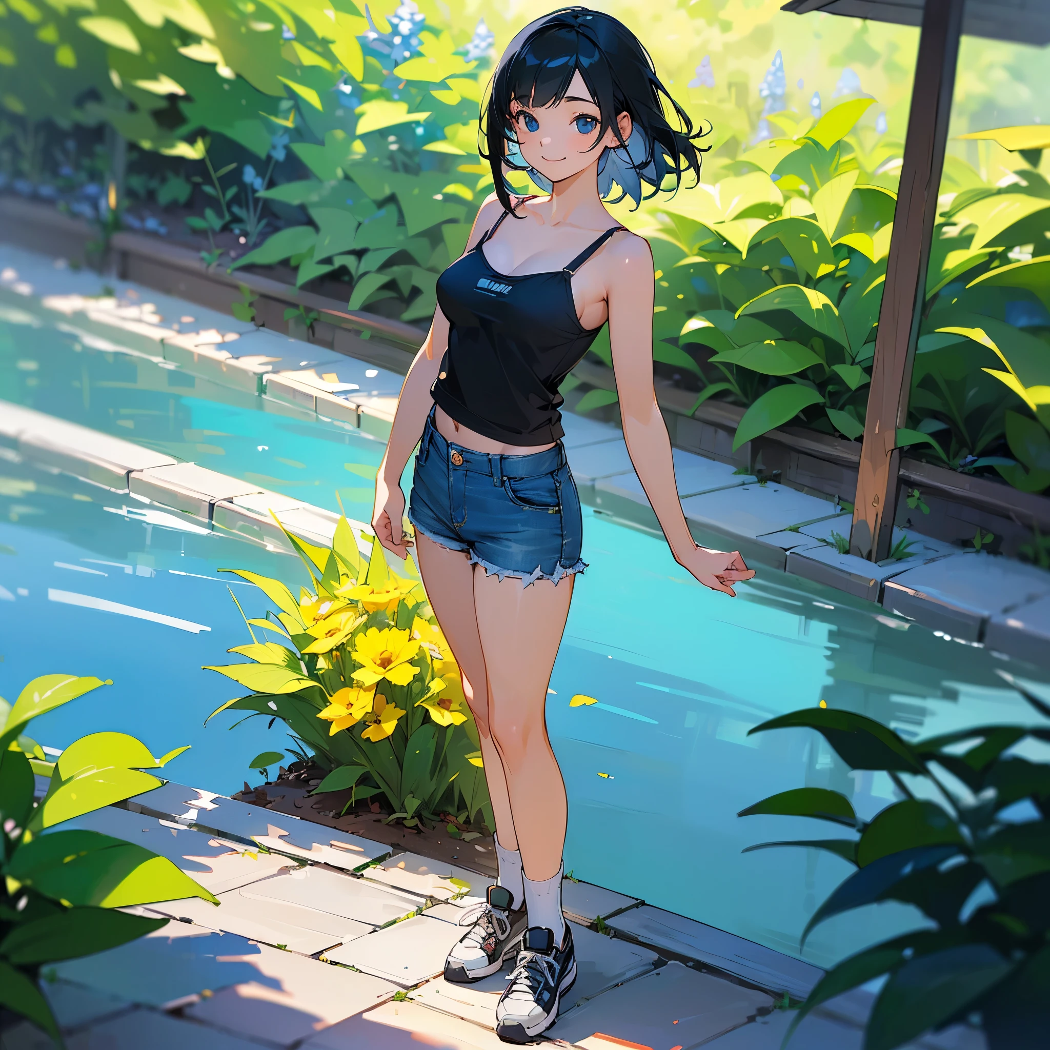 (high quality, High resolution, Very detailed, reality:1.37), Peaceful atmosphere, (Outdoor, garden), Teenage girl standing alone, (my breasts are big.), Beautiful details, Cute Smile, (Black bob hair), camisole, Denim shorts, Blue socks, sneakers.