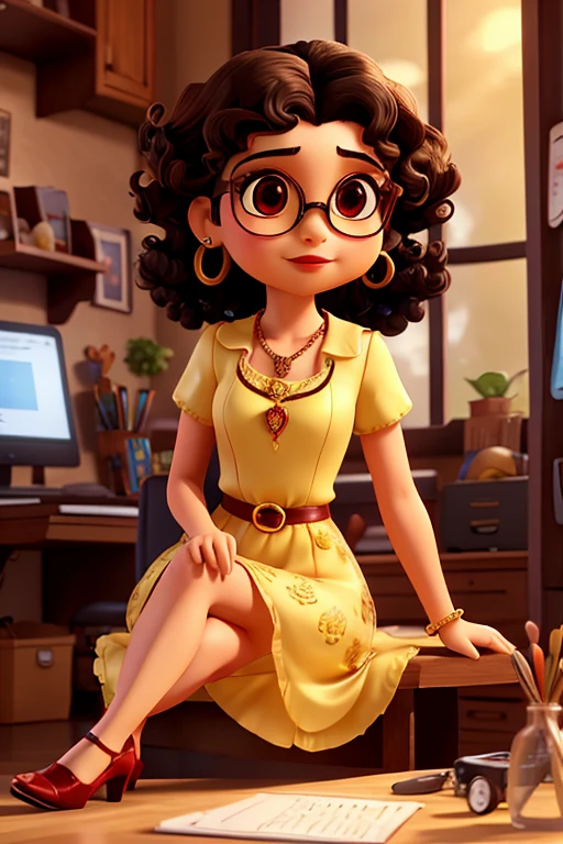 A beautiful character with small round transparent glasses, well made-up with red lipstick, brown eyes, short curly black hair, earrings, a necklace, a light yellow lace outfit, high heels, sitting on a flowery chair in a beautiful place, the same with a computer in her hands