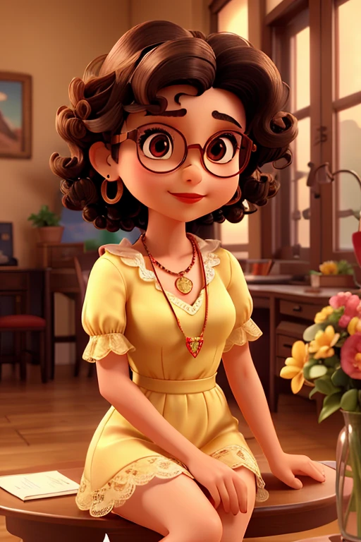 A beautiful character with small round transparent glasses, well made-up with red lipstick, brown eyes, short curly black hair, earrings, a necklace, a light yellow lace outfit, high heels, sitting on a flowery chair in a beautiful place, the same with a computer in her hands