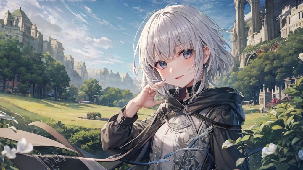 Ultra HD,Look at the viewers, Put your hands behind your back, With a girl, 20-year-old, 非常にShort Hair, Long bangs between the eyes, Pale blue eyes, Very detailed,(masterpiece、Highest quality),Gray Hair、Laughter、Fantastic, Silver Hair, Iris, Short hair、 Fluttering Hair、Small Face、明るいsmile、(Detailed face) ,Professional Lighting,Wonderful landscape,blue sky, sunlight,Looking down from above,Portraiture、Open your mouth、Flower Field、Her eyes were shining、Mysterious and enchanting atmosphere。With AI Painting、とてもShort Hair, Long bangs between the eyes, Very detailed,(masterpiece、Highest quality)、alone、Gray Hair、Fantasy, Silver Hair, Fantasyな風景、smile、Open your mouth、short hair、Short Hair、hairpin、black eye、Grey Eyes、Beautiful Eyes、Black Shirt、White hoodie