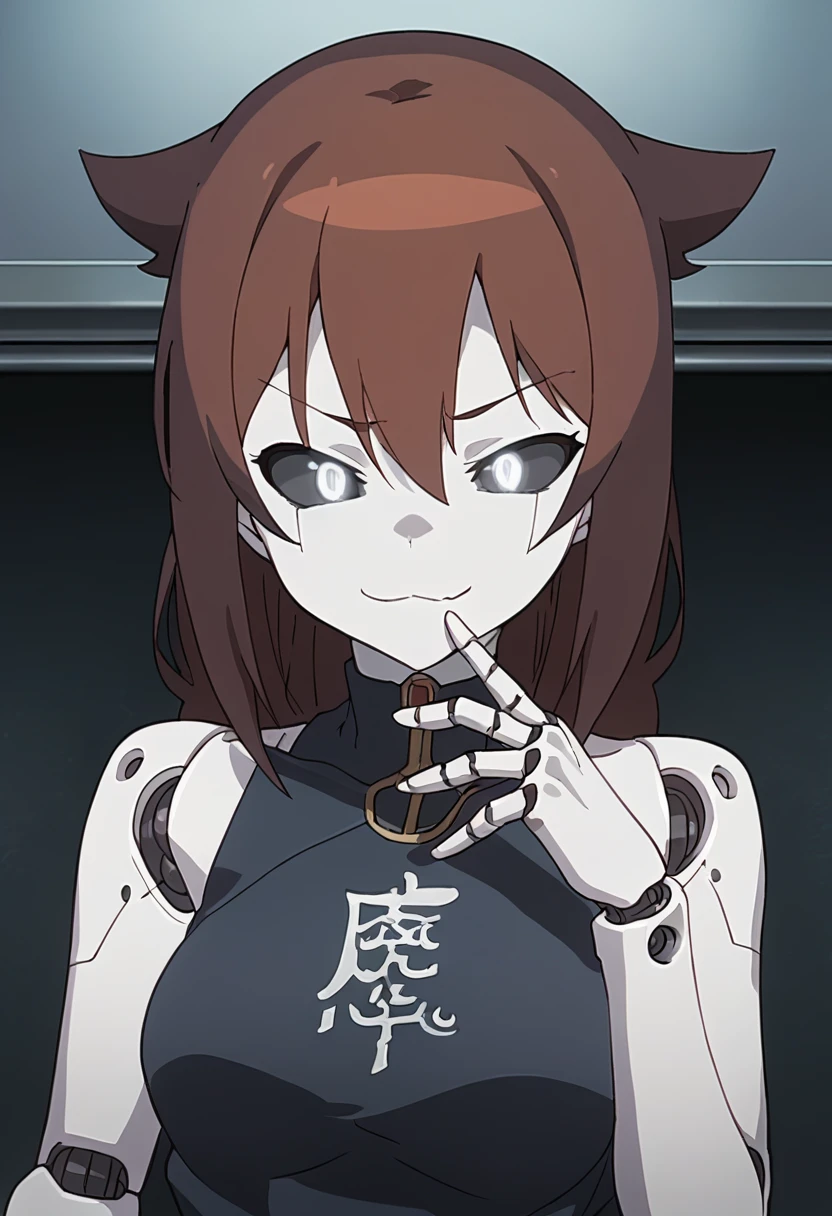 (Anime, 1girl, brown hair, grey eyes, dark punk clothes, punk clothes, portrait, Robot girl, Mecha, Android, joint limbs, robot joints, facial joints, metal pale skin, black sclera, no mouth, glowing eyes, no face, smug face), score_9, score_8_up, score_7_up