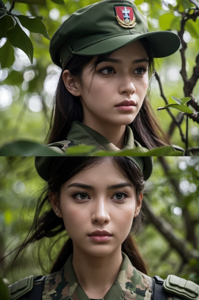 a female military commander leading a squad of soldiers through a lush mangrove forest, beautiful detailed eyes, beautiful detailed lips, extremely detailed eyes and face, long eyelashes, armored uniform, tactical gear, determined expression, jungle foliage, dense mangrove trees, sunlight filtering through the canopy, muddy terrain, winding river, overcast sky, cinematic lighting, dramatic shadows, high quality, 8k, hyperdetailed, photorealistic, masterpiece, cinematic, epic, dramatic