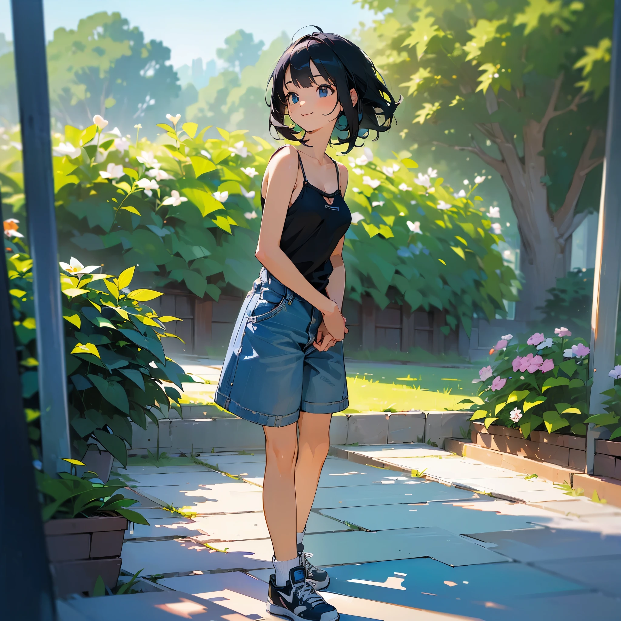 (high quality, High resolution, Very detailed, reality:1.37), Peaceful atmosphere, (Outdoor, garden), Teenage girl standing alone, (my breasts are big.), Beautiful details, Cute Smile, (Black bob hair), camisole, Denim shorts, Blue socks, sneakers.