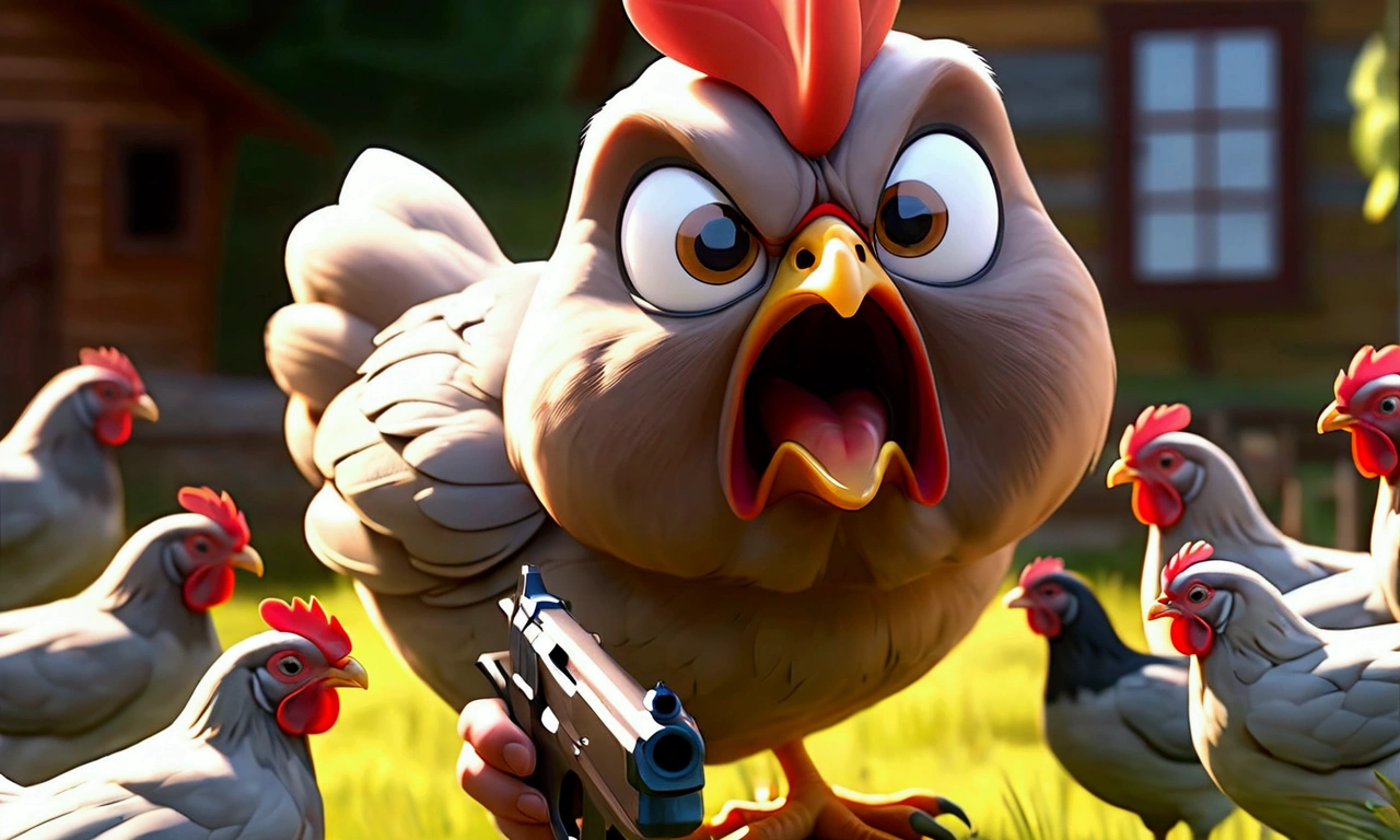 an angry hen with a pistol in her hand and she is coming to the camera, the environment is a farm, enemies are surrounded the hen and donkey and ping, enemies are hens and cats.