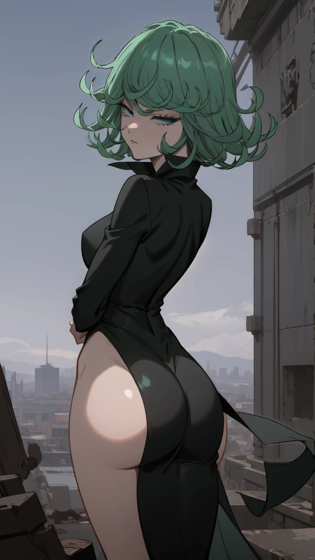 Anime art style, tatsumaki from one punch man, green hair, white skin, standing on destroyed city, cinematic lights, blushing cheeks, smilling, looking back at viewers, grabbing her ass, big booty, NSFW, back view, beautiful scenery. The dress is covering her ass, closed mouth, turtleneck, looking back, from behind, ass focus, standing, detailed eyes, half-closed eyes, curvy, wide hips, impossible clothes, outdoors, night, sky, clouds, stars, streetlights, lights, buildings, plants, bushes, (narrowed eyes:1.2), (squinted eyes:1.2), BREAK masterpiece, best quality, highly detailed background, perfect lightingbest quality, ((shiny skin, glossy skin, detailed skin)), (((detailed lips))), (((detailed eyes)))