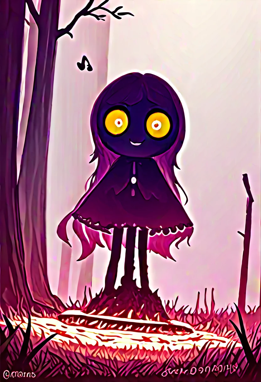 score_9, score_8_up, score_7_up, score_6_up, score_5_up, score_4_up, cute horror fantasy, disney-style horror effects,picture-book style,children-book style, BREAK ,solo,1girl\((devil:1.6),cute,(dancing:1.4),evil smile,pure black skin,bags under eyes,long eyebrow,big eyes,chibi,long nail,orange eyes,hair,(looking down herself:1.3),wearing capelet\((very big:1.5),(very long:1.3),(traditional_patterned:1.2)\)\), BREAK ,background\(music notes, (dead trees:1.3), in the forest,shadow_pappet\(bat,doll,crow\)\),(long shot),(wide shot),(dynamic angle),full body