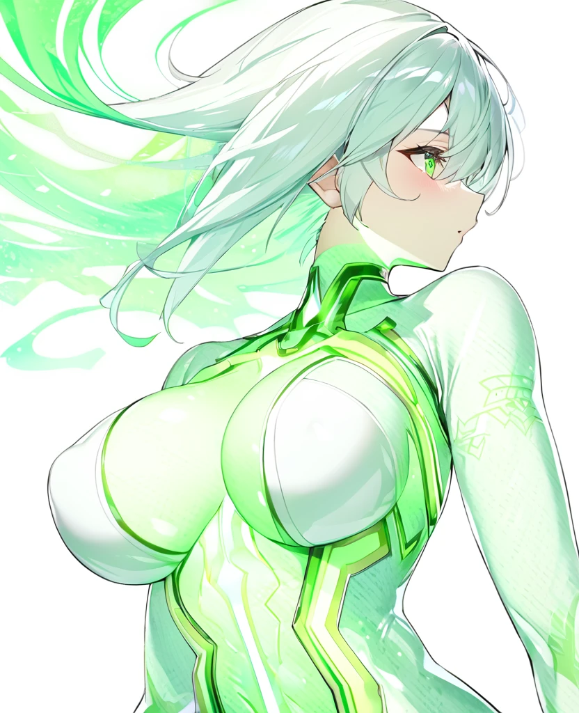 A girl with a green wind motif,Pure white background,セクシーなSee-throughボディスーツ,エスニックdesigner bodysuit,ＳＦdesigner bodysuit,Green wind pattern,Green glowing pattern,See-through,whole body、Girl floating in the air,Accentuated body lines､Large Breasts,Sexy Design,Accentuated breasts,Almost naked,Face and body close-up,Shiny bodysuit