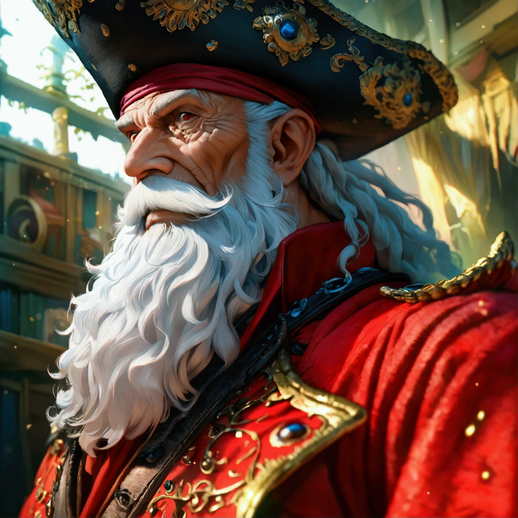 Old man, muscular and defined body, pirate captain outfit, "one piece manga and anime style, the angle is dynamic, divine proportion, highly detailed, sharp focus, intricately detailed, highly detailed, superior quality, high octane rendering, profile picture, 16k, ultra hd --ar 48:85 --q 2 --niji 5"