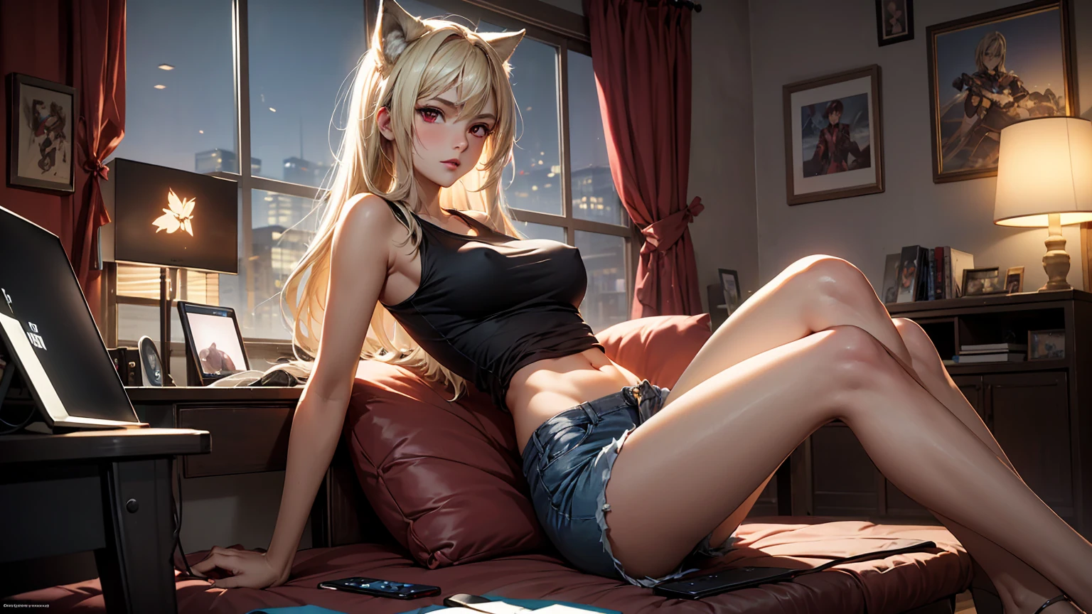 Create a high-quality image of a stunning 18-year-old wolf girl with tan skin. She has long blonde hair and captivating red eyes, wearing a see-through blue tank top that shows her midriff barely covers her nipples and tight sleep shorts. She is sitting on the edge of her bed in a dimly lit, gaming bedroom with the window open, letting in a gentle night breeze. Her posture is alluring, with one leg bent up and the other stretched out, facing the camera seductively. The room is decorated with modern nerdy items, showcasing her love for video games and anime, including a high-end gaming PC, sleek gaming desk, ergonomic gaming chair, and the latest gaming console, as well as stylish anime posters and figurines. The overall ambiance is cozy and intimate, with intricate details enhancing the high-quality visual artistry.