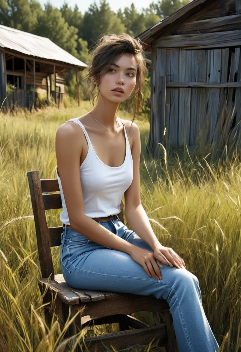 1g irl, alone, Cinematic, Realistic, Ultra-high resolution, A woman wearing a white tank top and denim pants、sitting elegantly on an old chair、Stunning close-up photos。, Weathered blue matte pickup truck. She poses barefoot in the tall wild grass.、Exudes confidence and elegance。. A rustic wooden fence and a quaint farmhouse in the background、It exudes a quiet country atmosphere.、Add depth and scale to your scene. The overall atmosphere of the photo is natural and calm., Capturing the essence of a perfect summer day. Photo by Steven Klein.
