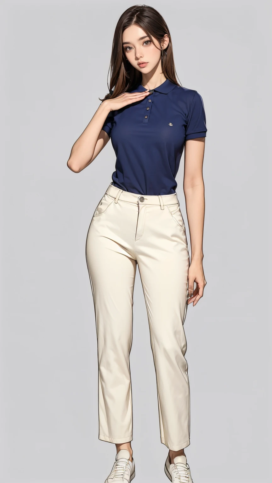 ((best quality,4k,highres,masterpiece:1.2)),((character concept art)), 1 female, age 18. Known for her naive demeanor and optimistic outlook, Issabella embodies the role of a young, countryside intern at a TV channel. Her body language is as gentle as her personality, always exuding shyness and friendliness. (((She's wearing a simple Polo shirt and pair of trousers that, while modest, suits her slim, athletic body))). (((Her shoes are basic, comfortable, and suitable for her long hours at the television channel))). ((intricate detail)), super finely detailed hands, ultra finely detailed fingers(((ten fingers))), (standing shyly), (full body showcase), (show full body), (no logos on background), (no logo), ((plain background)), ((plain background)), (((empty background))).