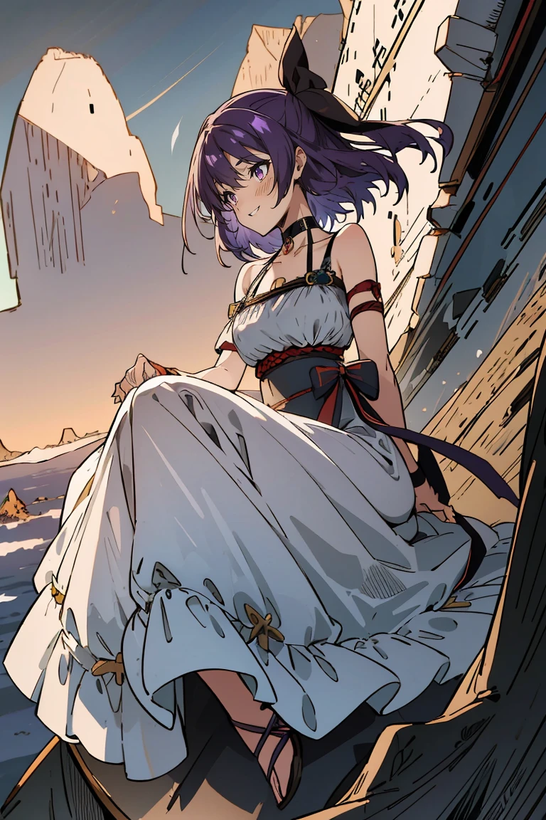 (masterpiece:1.2), (high quality:1.2), reo mikage, blue lock, girls with((1girl, solo, purple hair, (medium hair, right swept bangsone side up, hair ribbon, hair bow:1.55), bare shoulder, blush, breasts, choker, cleavage, cowboy shot, collar, collarbone, rosary, rosary choker, cross, white clothes, blouse, sleeveless, neck ribbon, big ribbon, cheongsam, cinderella dress, long dress, frill pannier, leggings, boots, sandals, bare feet, sittings)), background with((Battlefield, continent, earth, horizon:2.0))