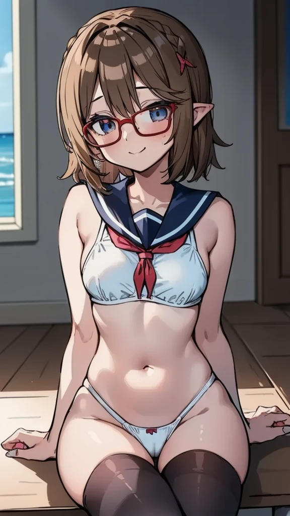 A woman with brown hair, bikini, girl, labia, table,sitting gentle,panties, sailor uniform , wearing a pink and white sailor suit, blue eyes, racing girl, Du Qiong, smile, gentle, covering one eye, light blue eyes, hairpin, halodon't have excessive composition problems, masterpiece, perfect composition, fine characterization black stockings