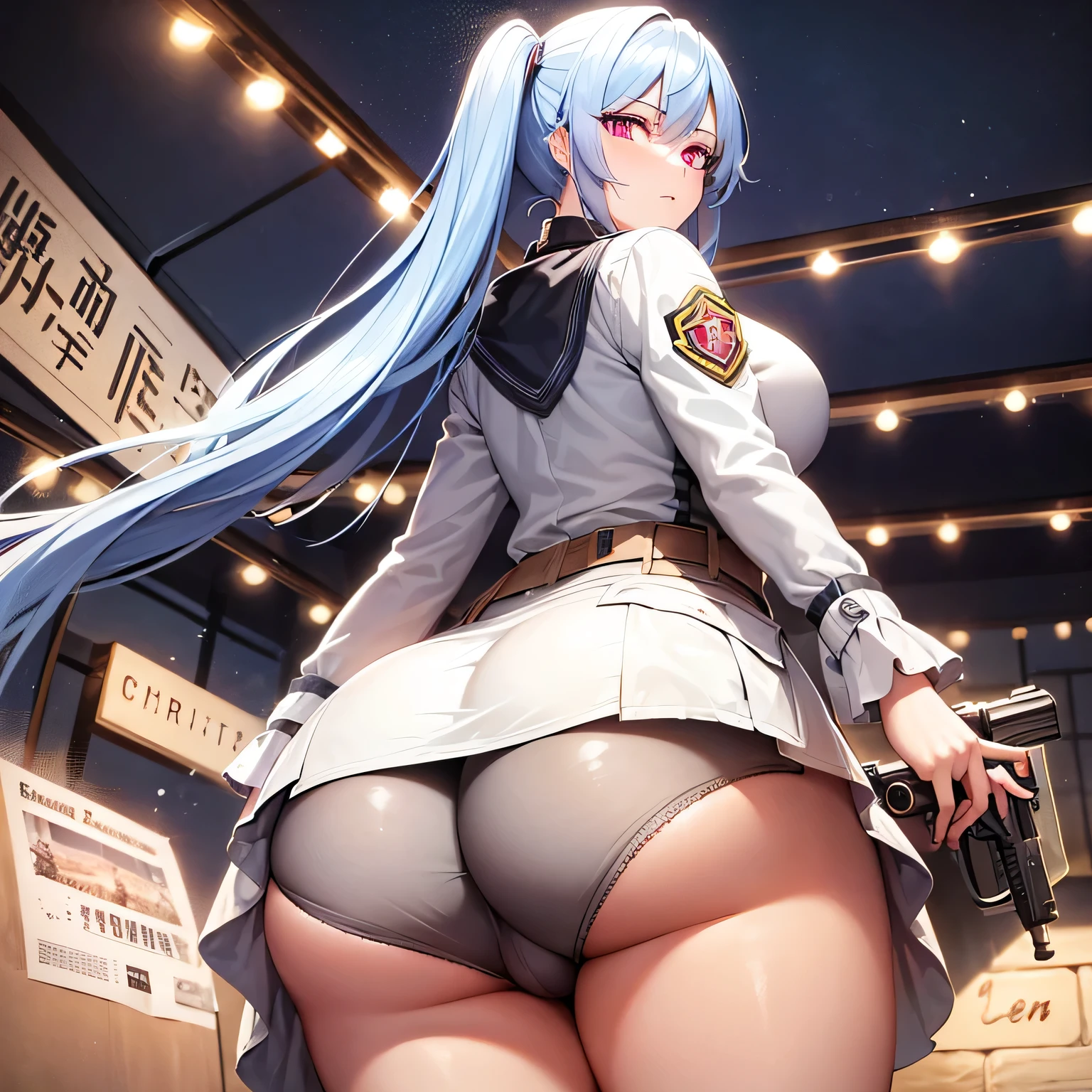 A woman with a big ass, she is wearing a soldier's outfit. she has a gun and her clothes are covered in dirt, she is in the forest. her butt is marked by her clothes, she has pink eyes.