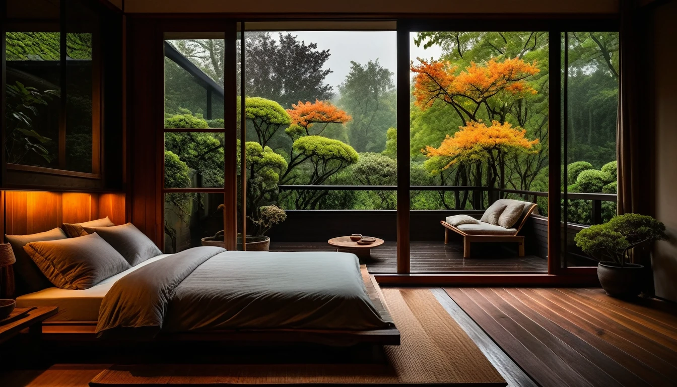 The picture shows a cozy bedroom with large windows offering views of a beautiful, dimly lit garden AND a garden filled with FLOWERS. CINEMATIC atmosphere, gloomy, dull, gloomy rain, cloudy outside JAPANESE HOUSE, dark cloudy. This room has tatami floors, shoji doors, and minimalist wooden furniture. . The bed was unmade with rumpled sheets, indicating only a light sleep. looks dim, gloomy. Beside the bed there is a small table with a classic lamp that radiates warm light into the room. Outside the window you can see the lush greenery of the terrace or balcony area, the rain is falling, the lamp on the left provides warm lighting, creating a calm and peaceful atmosphere. the room was dark, gloomy with fog obscuring part of the view in the distance. The contrast between the warmth indoors and the rain outdoors creates an inviting and calming atmosphere