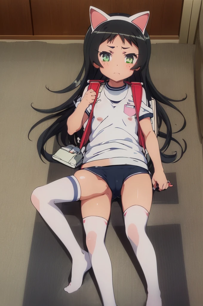masterpiece, ultra quality, ultra sharp, ultra detailed, 1girl, solo, (good anatomy), haduki kurumi, (tattered torn dripping wet white gym shirt), navy gym pants, animal ears, randoseru, name tag, Japanese anime pose, laugh, BurumaShorts, Buruma, Gym Uniform, (((lying:1.4, spread_legs, legspread, split_legs, spreading legs)), (randoseru backpack:1.4), (((blush, jitome))):1.4, buruma, blue buruma, black buruma, (cameltoe), (tattered torn short sleeve white gym uniform with colored hem, torn clothes), (tiny nipples), (white long loose socks), strong lighting, legspread, bukkake, cum on clothes, cum on legs, cum on buruma, cum on bloomers,