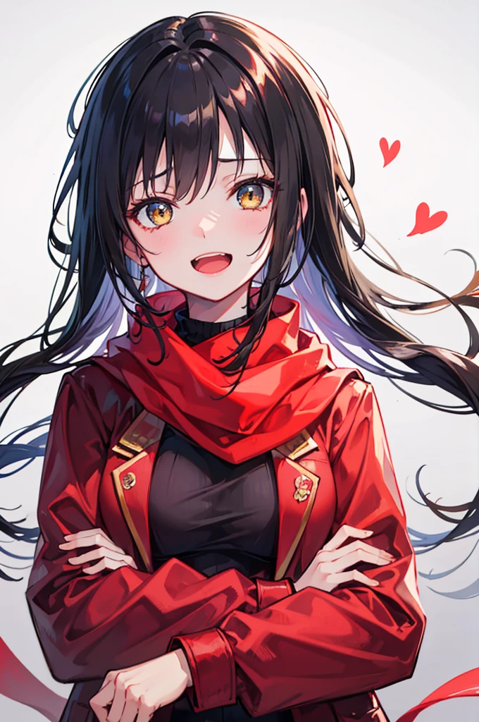 ((best quality)), portrait, long_hair, one_Side_up, black hair, stupid hair, passionate fool, girl, medium breasts, Laugh loudly and energetically, golden eyes, red cloth scarf, Black Jacket, hero, Arms crossed, 1 person