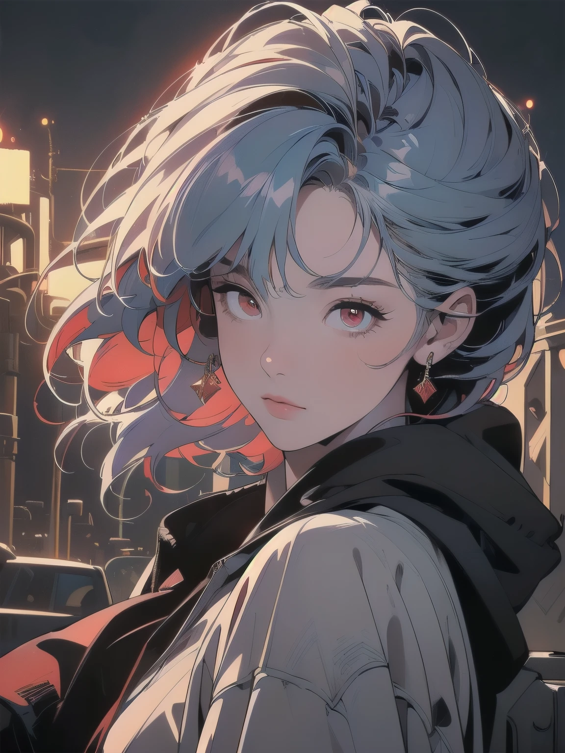 (((Only One Woman))), (((Perfect Face))), 14k, (((Highly detailed background))), (((Highest quality))),Upper Body, head shot, Ultra detailed hair, mysterious, (((Faint lighting))),(((Night view))),Ultra detailed white hoodie, (((A variety of unique hairstyles))), Super beauty, goddess,(((Detailed face))), Various poses, (((Different angles))), The wind is blowing, (((Inside an aging factory))), Grass grows, moonlight,(((Different hair colors))),(((Highly detailed glowing red eyes))),(((Broken heavy machinery))),(((Light on the face.))),Rusty crane, Rusty Truck,Pale redhead,View your viewerovie Posters)))