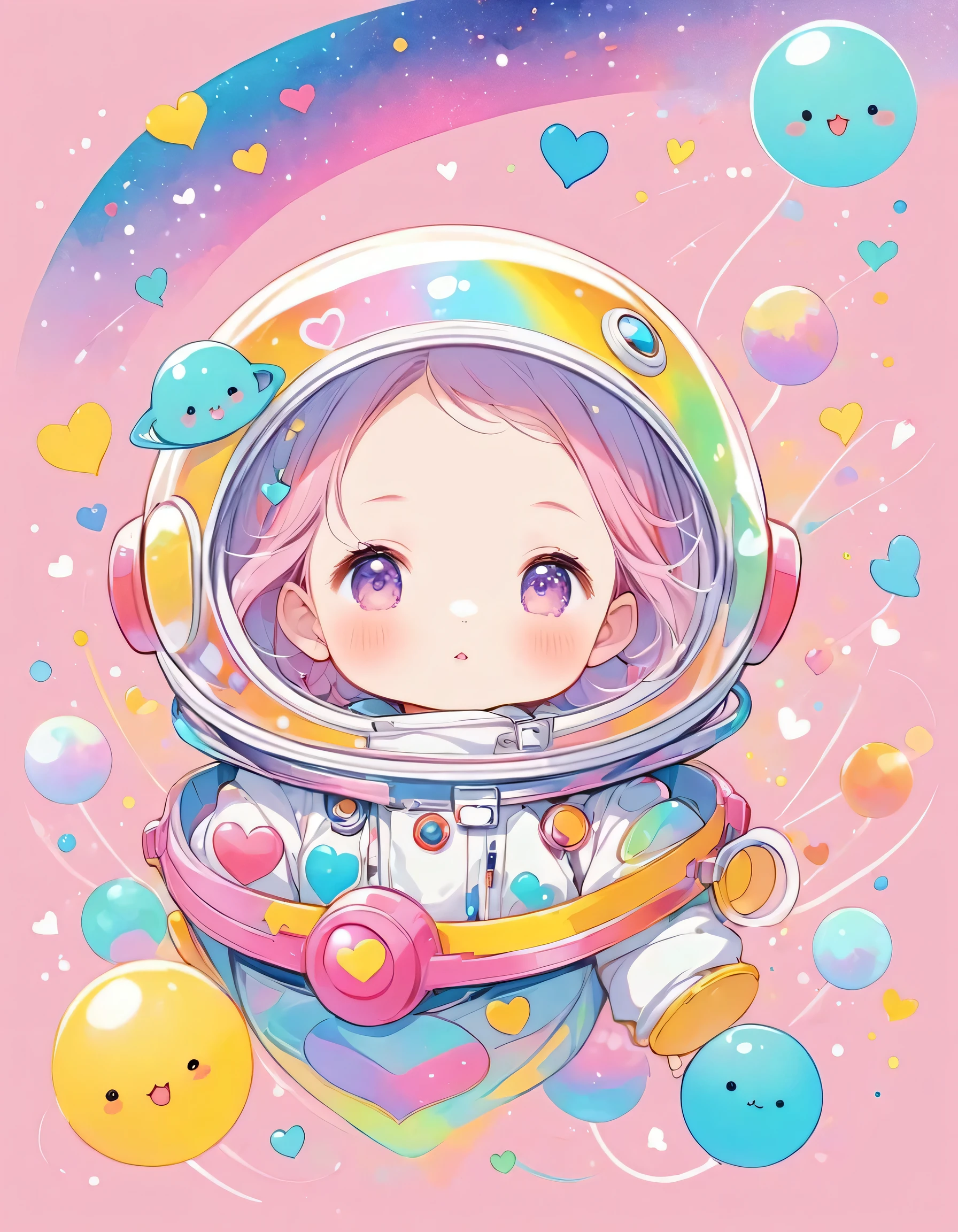 Momoko Sakura pastel color style, Simple Line Initialism，Abstract art，(((The most beautiful girl of all time))), baby, Sweet face. colorful hearts, kawaii design, (((expedition))), Spacesuit, Cute Aliens, The background is space