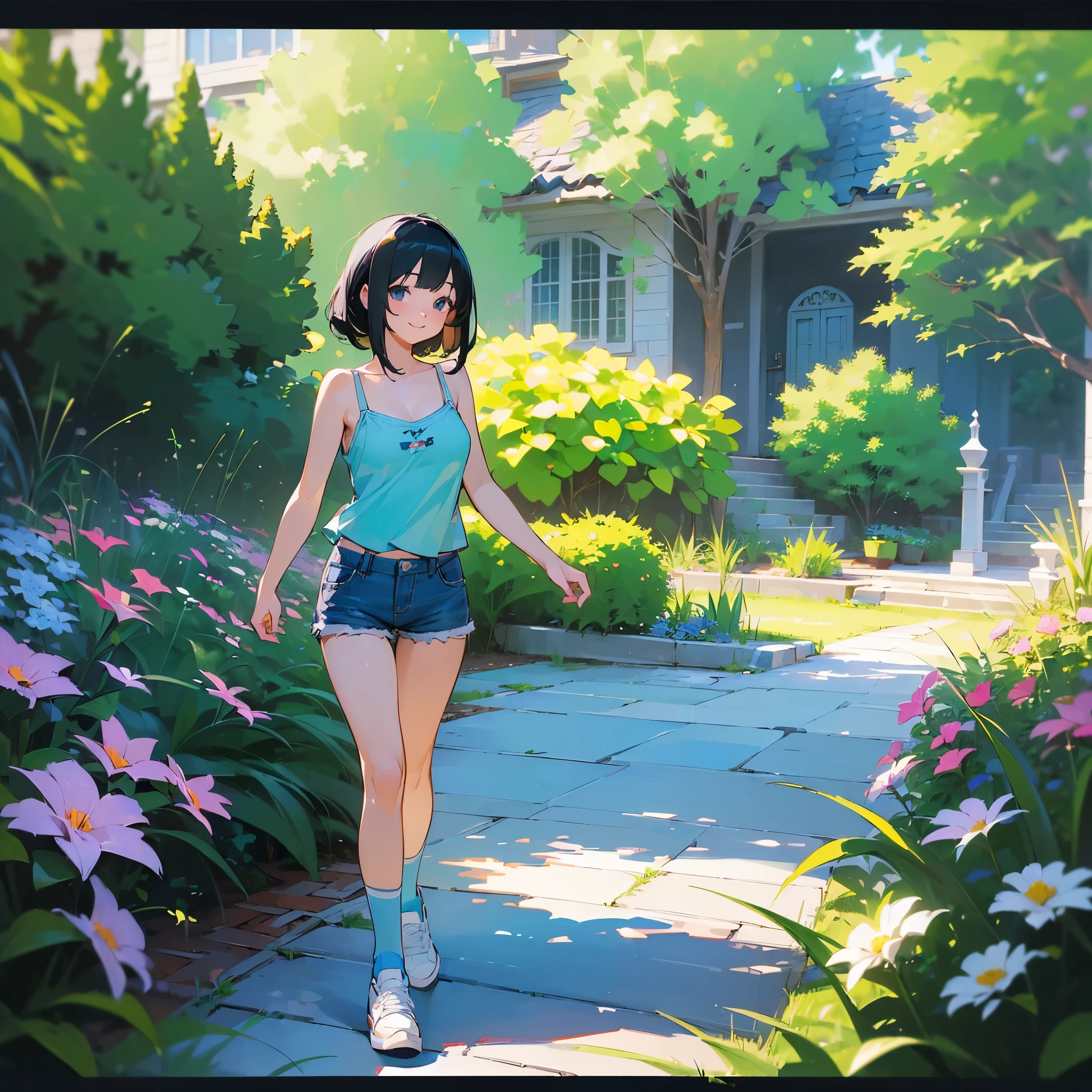 (high quality, High resolution, Very detailed, reality:1.37), Peaceful atmosphere, (Outdoor, garden), age girl standing alone, (my breasts are big.), Beautiful details, Cute Smile, (Black bob hair), camisole, Denim shorts, Blue socks, sneakers.
