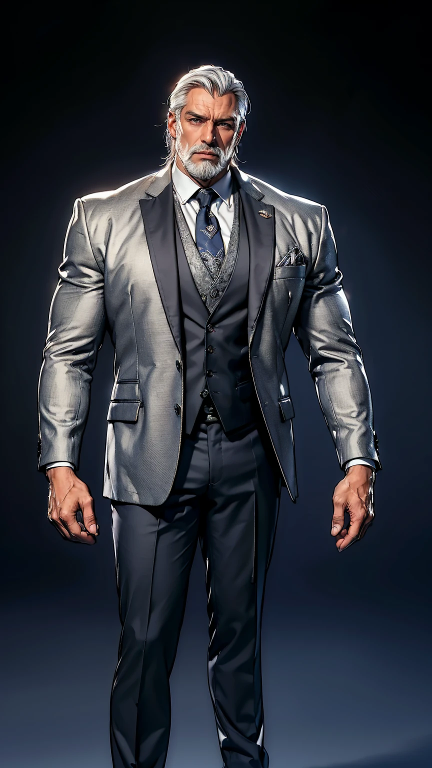 "(ultra-detailed, photorealistic, best quality, 4k, 8k, highres, masterpiece:1.3), an imposing old man, age 60, with gray silver hair, muscular build body, bodybuilder body shape, very tall, masculine, alpha male, wearing a navy pin stripe 3-piece suit, exuding authority and confidence, sharp blue eyes, clean-shaven face, strong jawline, poised and professional, hint of a stern but approachable demeanor, standing in front of a sleek modern private jet, tarmac background, sophisticated and commanding presence, elegance, luxurious environment, (intricate detail:1.3), ((super finely detailed hands, ultra finely detailed fingers, full body showcase, show full body))."