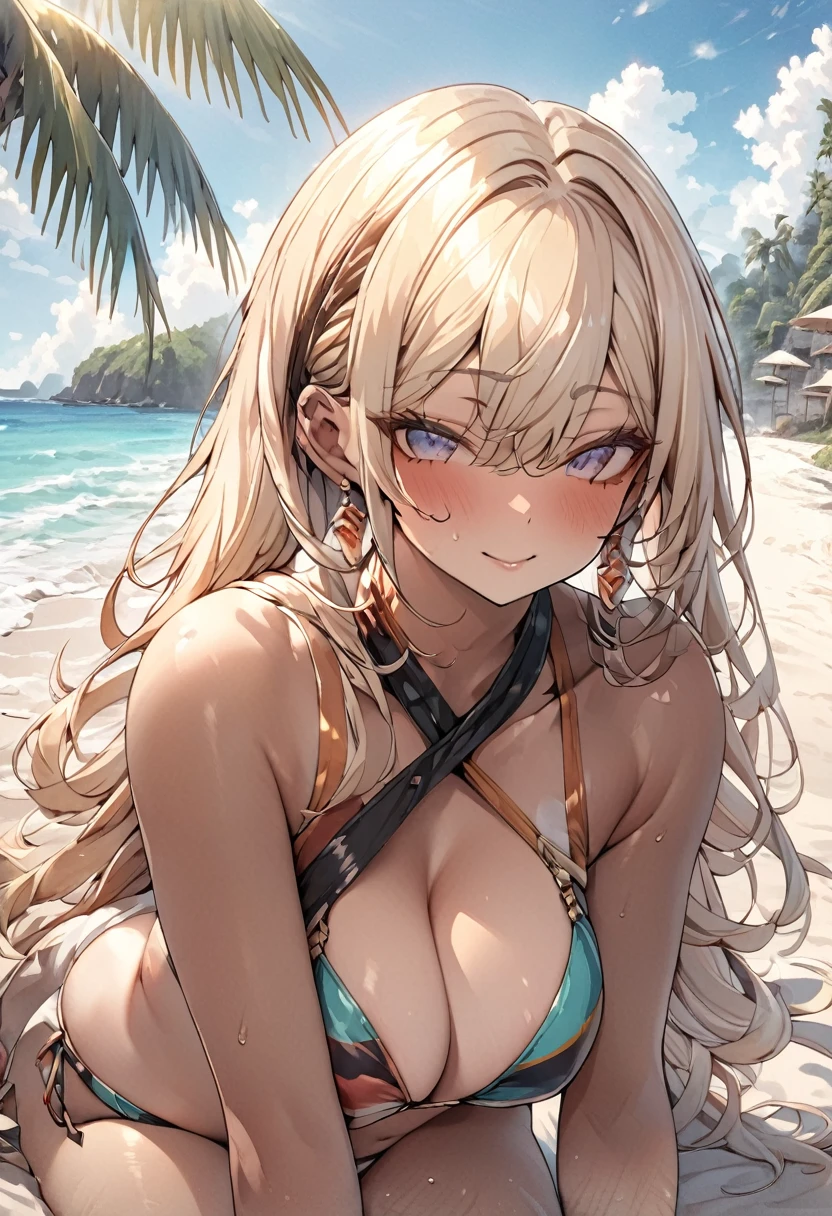 masterpiece,masterpiece, Highest quality, Brown skin,Colorful Bikinis,Tropical beach,Gentle expression,Plump,
