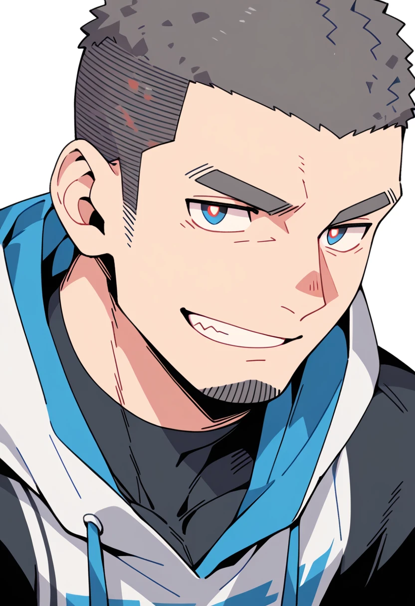 anime characters:Priapus, Muscle Sports Student, Buzz Cut, Manliness, male focus, Sports tight hooded sweatshirt, Very tight, full and perky chest muscles, muscular male, muscular, only, Upper body, alone, Red short hair, Thick eyebrows, stubble, Brown-red pupils, White background, simple background, amazing quality, best aesthetics, Ridiculous, crew cut, smirk, bright pupils, grin, negative space, negative space, best quality