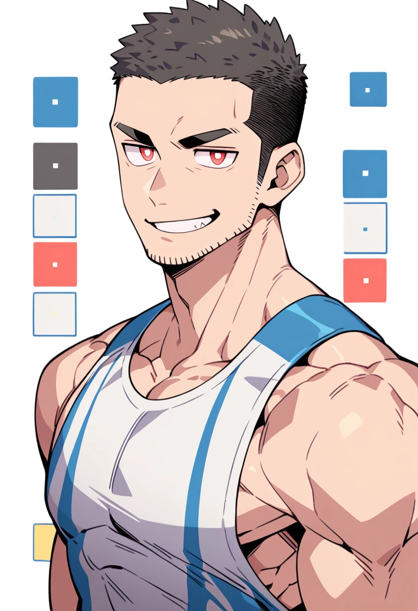 anime characters:Priapus, Muscle Sports Student, Buzz Cut, Manliness, male focus, Sports tight hooded sweatshirt, Very tight, full and perky chest muscles, muscular male, muscular, only, Upper body, alone, Red short hair, Thick eyebrows, stubble, Brown-red pupils, White background, simple background, amazing quality, best aesthetics, Ridiculous, crew cut, smirk, bright pupils, grin, negative space, negative space, best quality