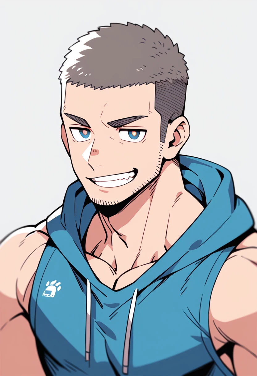 anime characters:Priapus, Muscle Sports Student, Buzz Cut, Manliness, male focus, Sports tight hooded sweatshirt, Very tight, full and perky chest muscles, muscular male, muscular, only, Upper body, alone, Red short hair, Thick eyebrows, stubble, Brown-red pupils, White background, simple background, amazing quality, best aesthetics, Ridiculous, crew cut, smirk, bright pupils, grin, negative space, negative space, best quality
