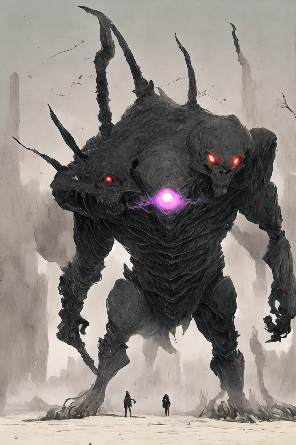 (((Highest quality)))(((Best Image)))外見は黒いfog,Put on your armor,Modern Battle Suit(((Appearance)))The shape is humanoid,Modern weapons(((Features)))Eyes glowing red,The shape is made of purple glowing matter..(((male)))The skeleton is human-like、Muscle fibers are visible.,fogのようなもので構築している(((background)))Barren Land,dead tree,fog,Chaotic world(((Standing posture)))Battle Scenes,overwhelmingly strong,Highest quality。