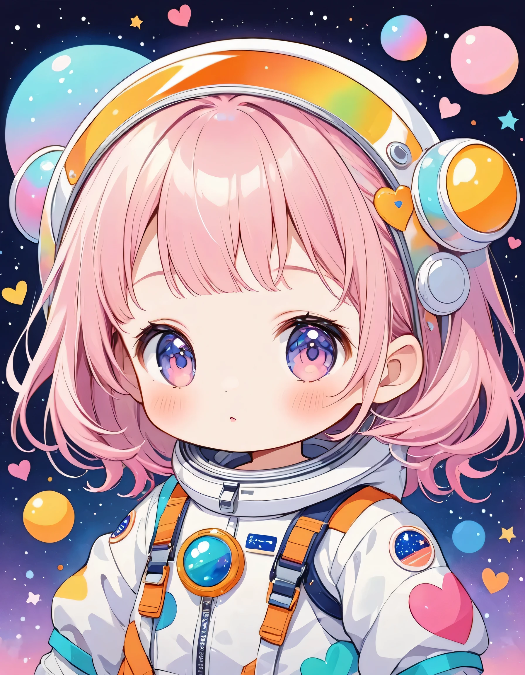 Momoko Sakura pastel color style, Simple Line Initialism,Abstract art,(((The most beautiful girl of all time))), baby, Sweet face. colorful hearts, kawaii design, (((expedition))), Spacesuit, Cute Aliens, The background is space