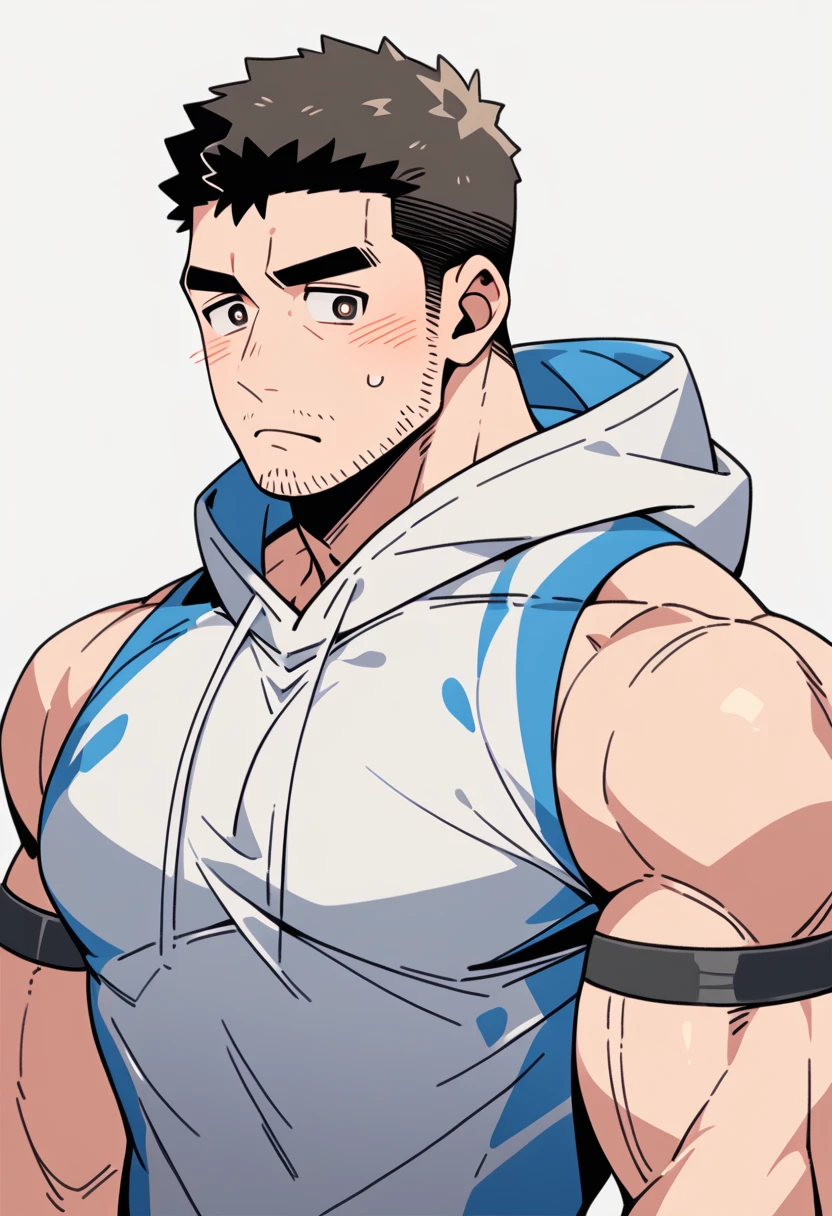 anime characters:Chris Redfield, Muscle Sports Student, Buzz Cut, Manliness, male focus, Sports tight hooded sweatshirt, Wear a black high-necked tights inside, Very tight, Huge chest muscles, muscular male, muscular, only, Upper body, alone, Red short hair, Thick eyebrows, stubble, Brown-red pupils, White background, simple background, amazing quality, best aesthetics, Ridiculous, crew cut, embarrassed, frown, nervous, negative space, best quality