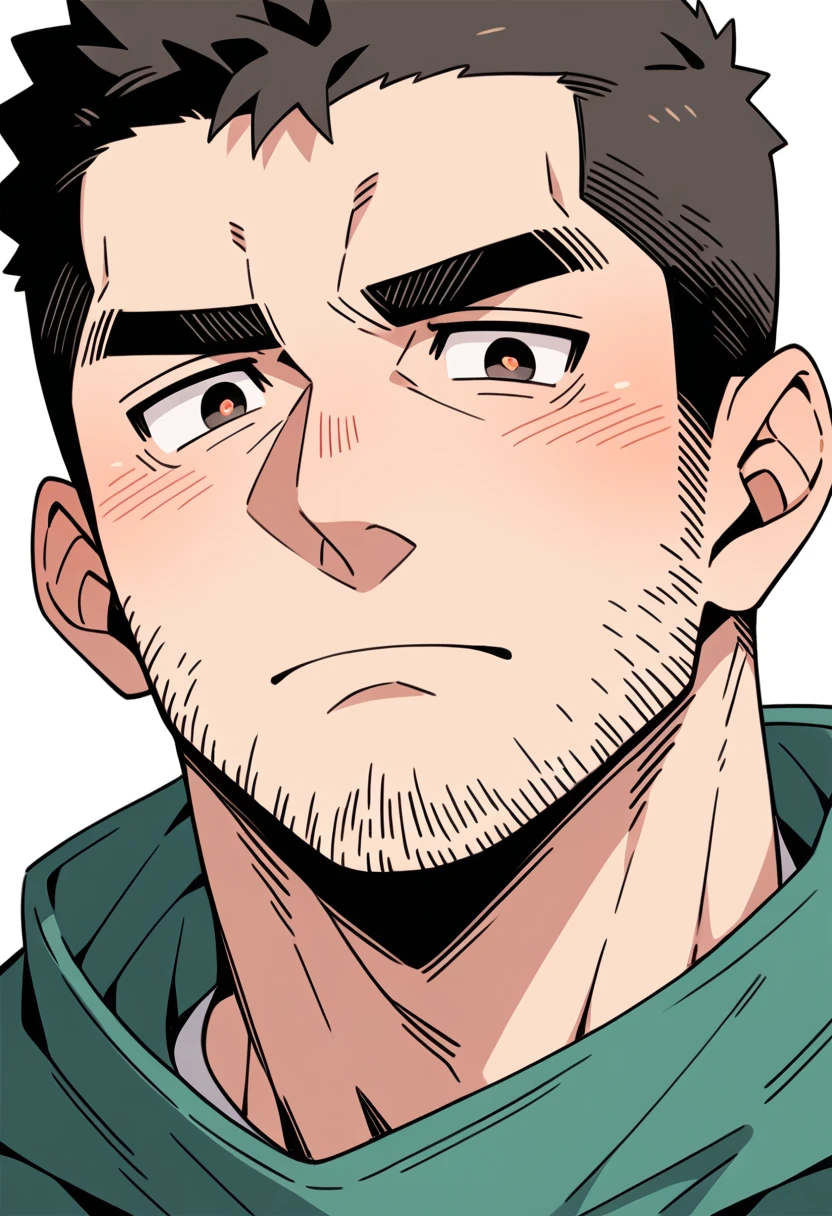anime characters:Chris Redfield, Muscle Sports Student, Buzz Cut, Manliness, male focus, Sports tight hooded sweatshirt, Wear a black high-necked tights inside, Very tight, Huge chest muscles, muscular male, muscular, only, Upper body, alone, Red short hair, Thick eyebrows, stubble, Brown-red pupils, White background, simple background, amazing quality, best aesthetics, Ridiculous, crew cut, embarrassed, frown, nervous, negative space, best quality